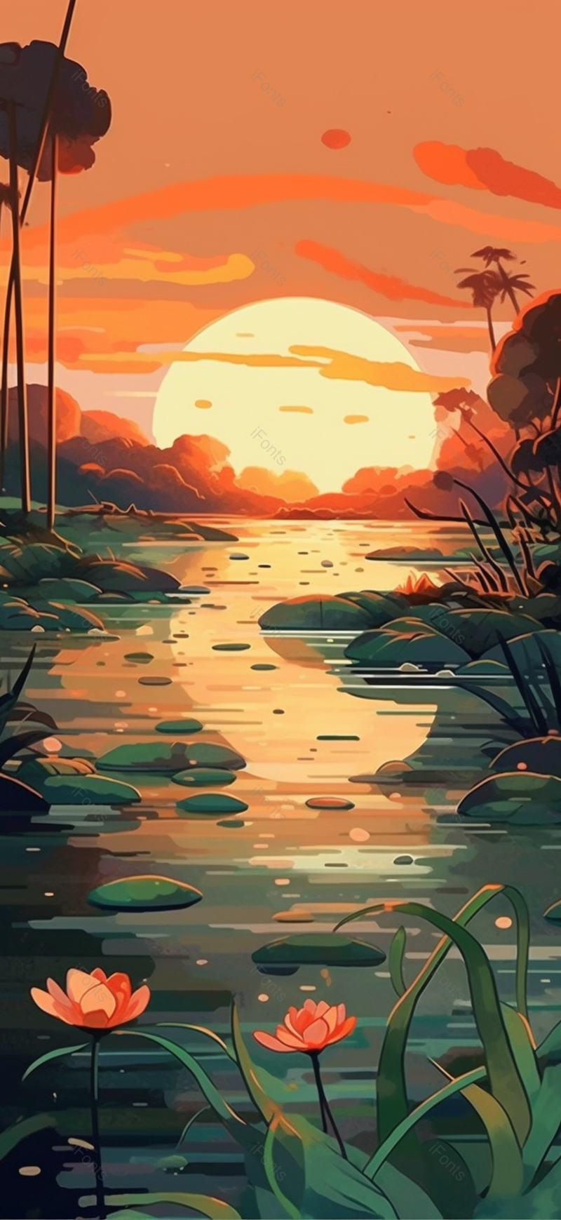 夏日湖边夕阳倒影荷花背景,插画/手绘图,插画/手绘图库,插画/手绘图下载,插画/手绘